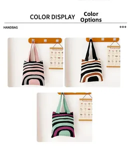 Detailed view of color options showing striped knitted tote bags in three distinct patterns