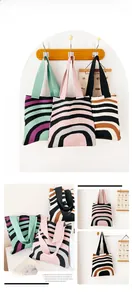 Detailed close-up showing wave-striped knit handbag textures and durable wide straps