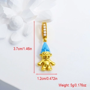 Golden troll doll pendant with blue hair and crystals on a white floral background