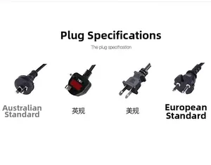 Detail showing global plug specifications: AU, UK, US, and EU standard power adapters
