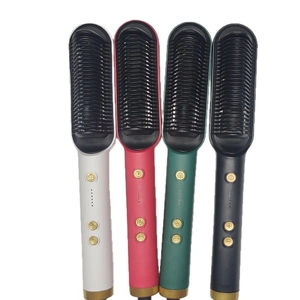 Ionic hair straightener brush in white, red, green, and black with adjustable heat control