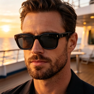 Close-up of black square polarized sunglasses with metal rivets on yacht background