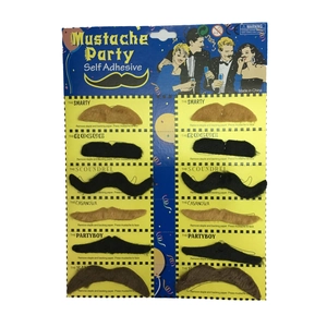 Self-adhesive novelty mustache set for parties, includes 12 pieces in 6 diverse styles