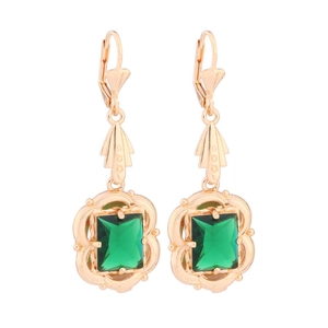 Elegant gold vintage geometric earrings featuring square emerald green crystals in a claw setting