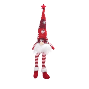 Plush Christmas gnome with a red snowflake knit hat, white beard, and striped long legs
