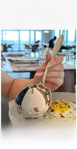 Macro shot of polished stainless steel serving spoon held over a delicious rice bowl