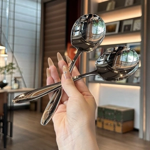 Polished stainless steel serving spoons with long handles for home or restaurant use