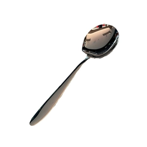 Polished stainless steel serving spoon with long handle and mirror finish for dining