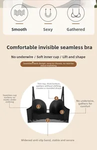Detail showing seamless black bra with non-wired push-up pads and wide non-slip band