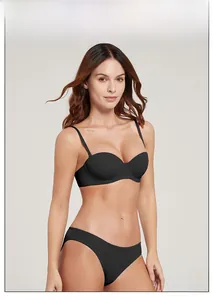 Detail view of seamless black wireless bra set with smooth finish and high elasticity