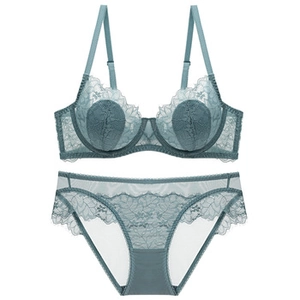 Flat lay of gray-green lace lingerie set featuring sheer cups and matching panties
