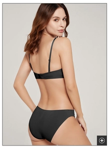 Detailed back view of black strapless lingerie set with adjustable straps and hook-and-eye closure