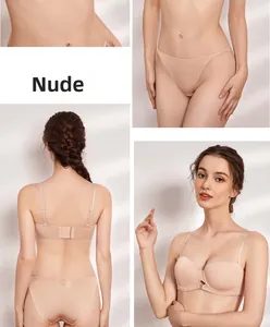 Front and back views of seamless skin-tone strapless bra and matching panty set