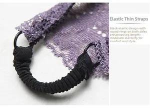 Detailed view of women's purple lace panties featuring elastic straps and a black ring detail