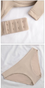 Detailed view of beige seamless bra back clasp and matching smooth silk-feel panties