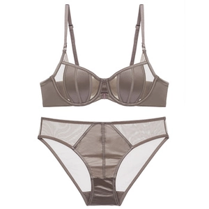 Detailed view of dark grey lace lingerie set featuring vertical satin stripes and sheer mesh