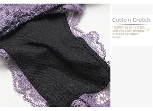 Detailed macro view of the breathable purple lace and black cotton lining of the panties