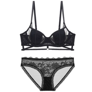 Detailed view of black eyelash lace lingerie set with sheer bra and matching briefs