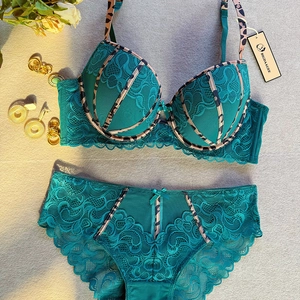 Detail of teal lace bra with leopard print trim and adjustable shoulder straps