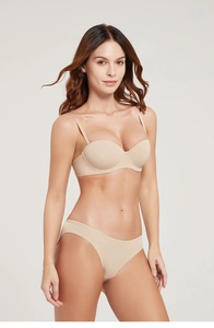 Front view of seamless nude lingerie set featuring a soft mold cup bra and matching briefs