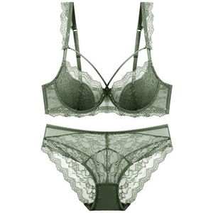Detail of dark green lace lingerie set with ribbon criss-cross design and floral mesh fabric