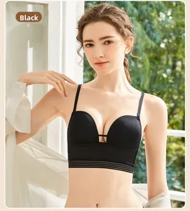 Close-up of black seamless push-up bra with V-neckline and sheer ribbed underband detail