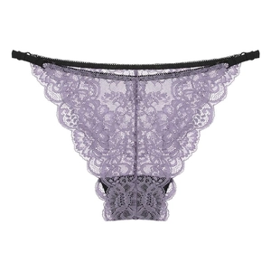 Lace semi-sheer low waist panties in lavender with black elastic waistband