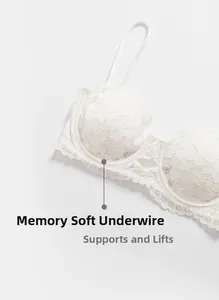 Detailed shot of white French lace bra featuring memory soft wire for lift and support