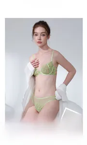 Close-up of light green lace lingerie set featuring delicate floral embroidery and sheer mesh