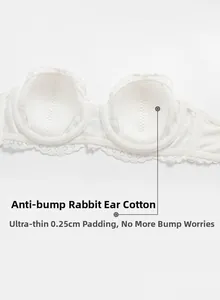 Detail of ultra-thin 0.25cm cotton padding and anti-bump rabbit ear design on white lace bra
