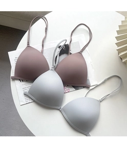 Front-closure seamless triangle bra set in dusty pink and light grey with thin straps