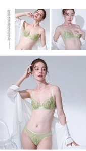 Detail of light green mesh lingerie set with intricate floral vine embroidery and lace