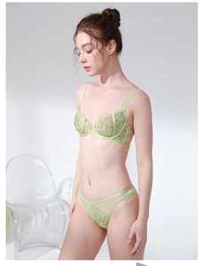 Detailed embroidery and lace texture on light green lingerie set with floral patterns