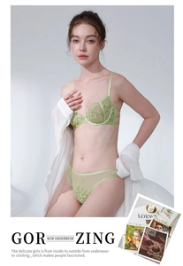 Close-up of light green lace lingerie set with intricate floral embroidery details
