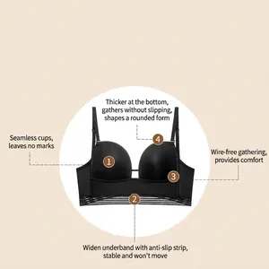 Seamless black wire-free push-up bra with wide anti-slip bands and U-shaped back