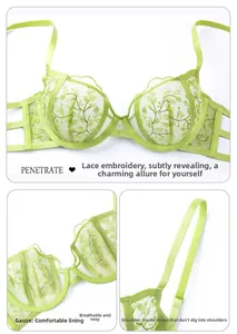 Detail of sheer green lace bra set featuring leaf embroidery and adjustable straps