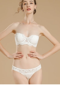 Front view of white lace strapless bra set with delicate floral embroidery details