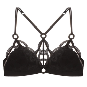 Sexy black lace cage bra with geometric mesh embroidery and adjustable straps