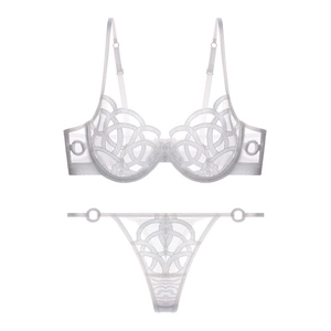 Detail view of pearl white lace lingerie set with mesh embroidery and ring accents