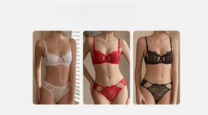 Drei-Farben-Display französischer Spitzen-Dessous-Sets mit Schleifen in Weiß, Rot und Schwarz