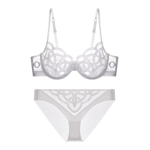 Close-up of white lace lingerie set featuring geometric embroidery and sheer mesh texture