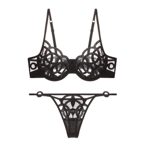 French style sexy black lace lingerie set with sheer mesh and geometric pattern