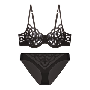 Detail of black lace lingerie set featuring intricate mesh embroidery and adjustable straps