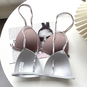 Front closure seamless French bra in lotus pink and light grey with thin straps