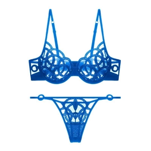 Detailed view of royal blue lace bra and thong set with fine mesh texture and steel ring