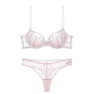 Lace embroidery lingerie set with floral patterns and underwire bra in pale pink and white