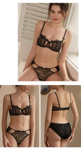Details des schwarzen floralen Spitzen-Lingerie-Sets mit Schleifenträgern und Mesh-Textur