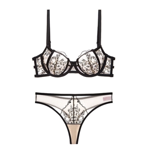 Lace embroidery lingerie set with black mesh push-up bra and matching thong panty
