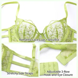 Pale green lace embroidery lingerie set with floral patterns and sheer cups in main view