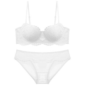 French Style Lace Bra Set For Women Sexy Transparent Floral Embroidered Lingerie Thin Molded Half Cup Top And Bottom